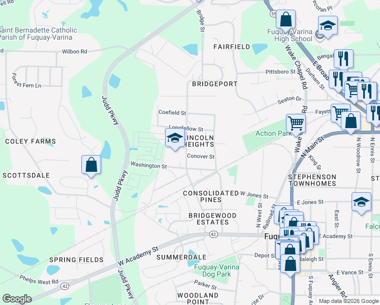 map of restaurants, bars, coffee shops, grocery stores, and more near 308 Bridge Street in Fuquay Varina