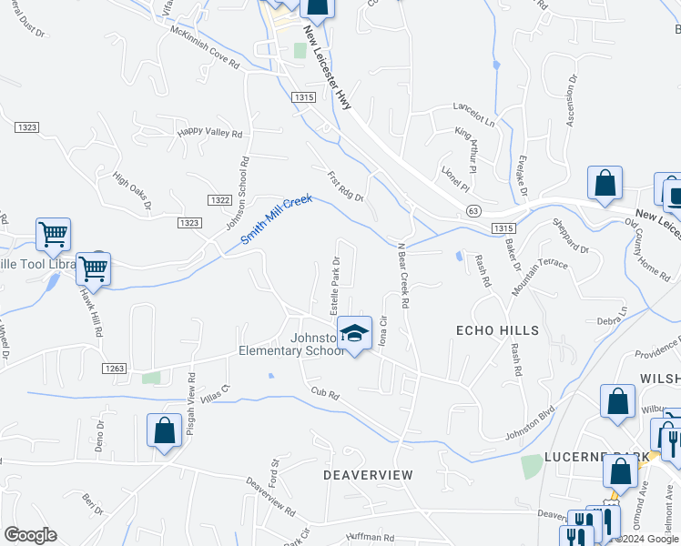 map of restaurants, bars, coffee shops, grocery stores, and more near 117 Estelle Park Drive in Asheville