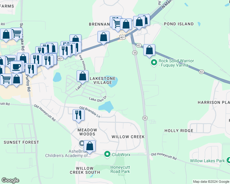 map of restaurants, bars, coffee shops, grocery stores, and more near 1737 Peninsula Glen Court in Fuquay-Varina