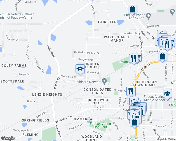 map of restaurants, bars, coffee shops, grocery stores, and more near 308 Bridge Street in Fuquay Varina