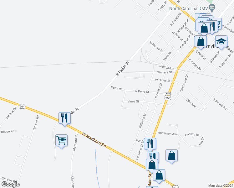 map of restaurants, bars, coffee shops, grocery stores, and more near 3753 Powder Horne Lane in Farmville