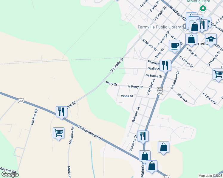 map of restaurants, bars, coffee shops, grocery stores, and more near 3753 Powder Horne Lane in Farmville