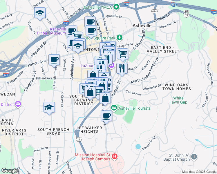 map of restaurants, bars, coffee shops, grocery stores, and more near 130 U.S. 25 in Asheville