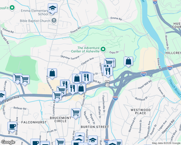 map of restaurants, bars, coffee shops, grocery stores, and more near 20 Townview Drive in Asheville