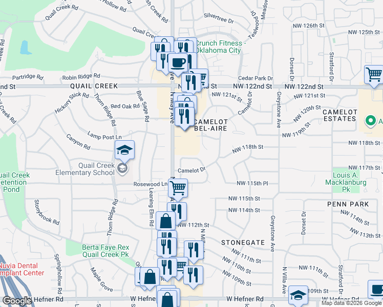 map of restaurants, bars, coffee shops, grocery stores, and more near 2829 Northwest 117th Street in Oklahoma City