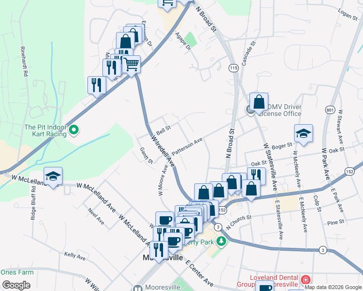 map of restaurants, bars, coffee shops, grocery stores, and more near 330 Patterson Avenue in Mooresville