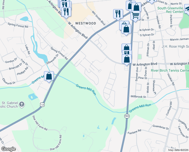 map of restaurants, bars, coffee shops, grocery stores, and more near 1225 Cross Creek Circle in Greenville