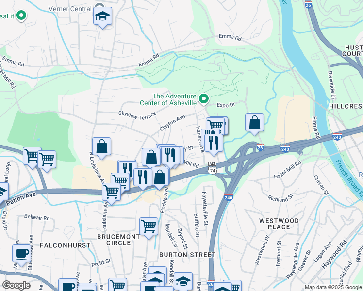 map of restaurants, bars, coffee shops, grocery stores, and more near 20 Townview Drive in Asheville