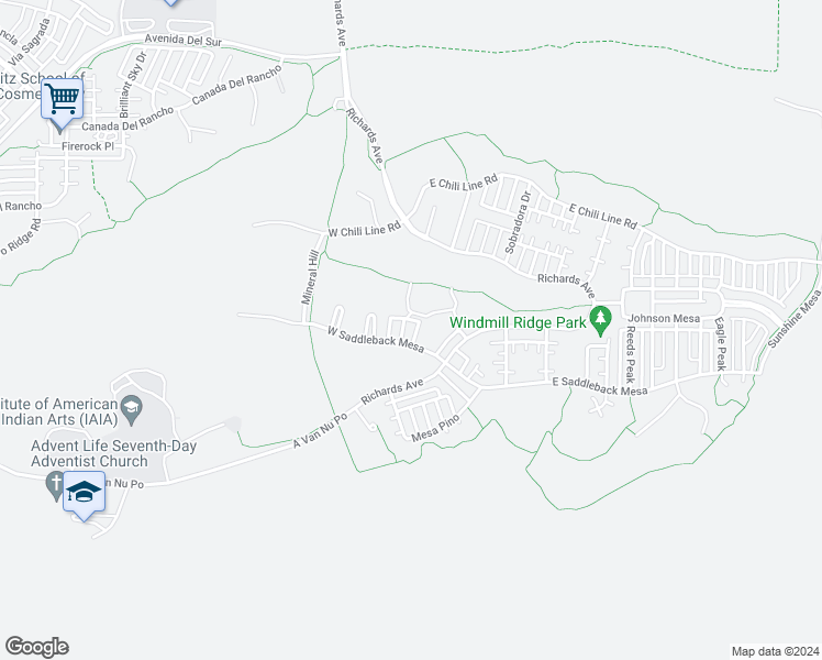 map of restaurants, bars, coffee shops, grocery stores, and more near 6 Lookout Mountain in Santa Fe