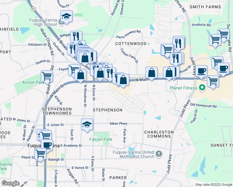 map of restaurants, bars, coffee shops, grocery stores, and more near 718 North Main Street in Fuquay-Varina