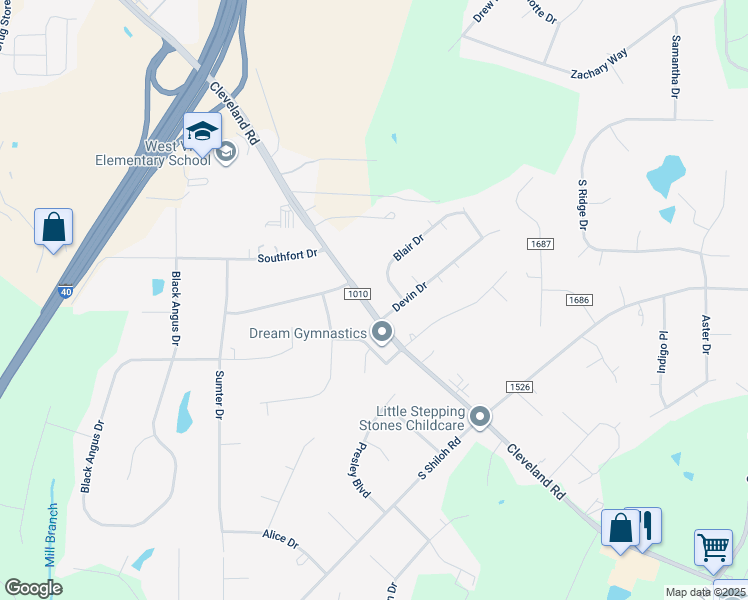 map of restaurants, bars, coffee shops, grocery stores, and more near 11548 Cleveland Road in Garner