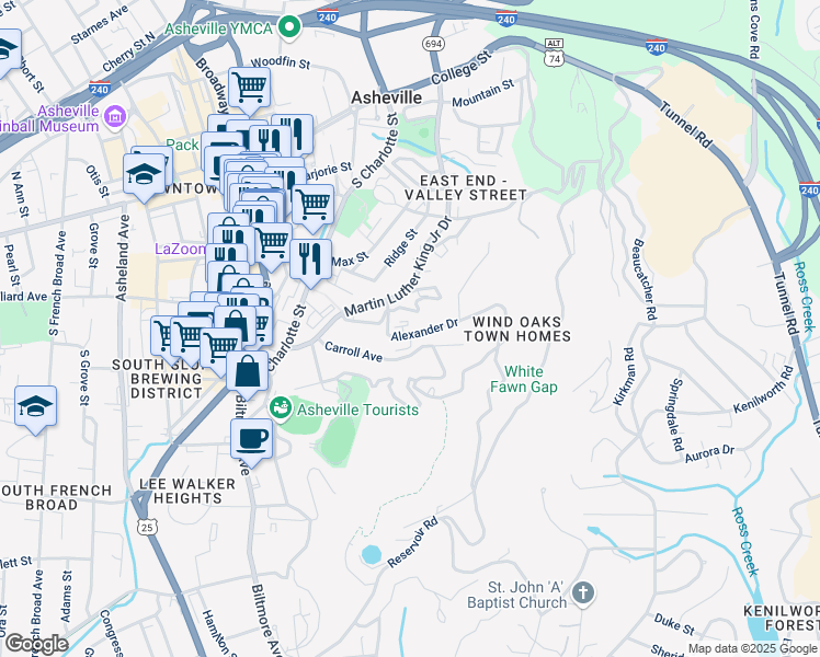 map of restaurants, bars, coffee shops, grocery stores, and more near 200 North Skyloft Drive in Asheville