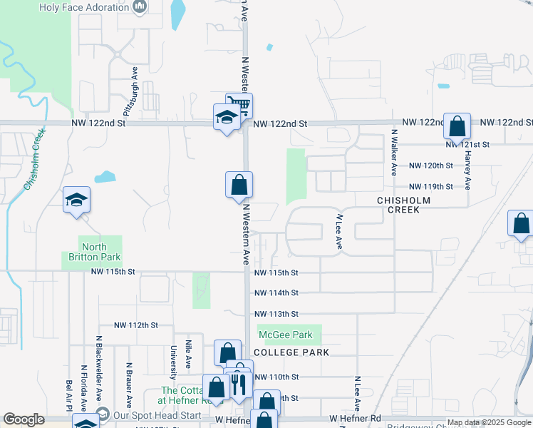 map of restaurants, bars, coffee shops, grocery stores, and more near 11832 North Western Avenue in Oklahoma City