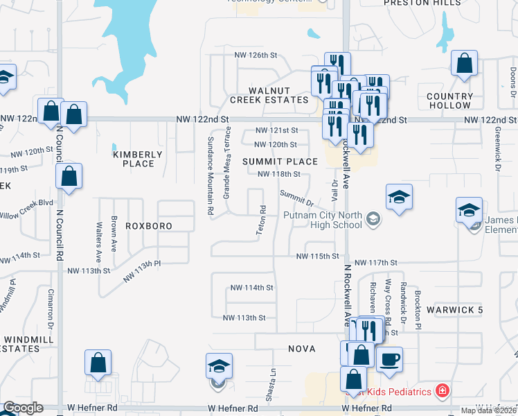 map of restaurants, bars, coffee shops, grocery stores, and more near 11719 Teton Road in Oklahoma City