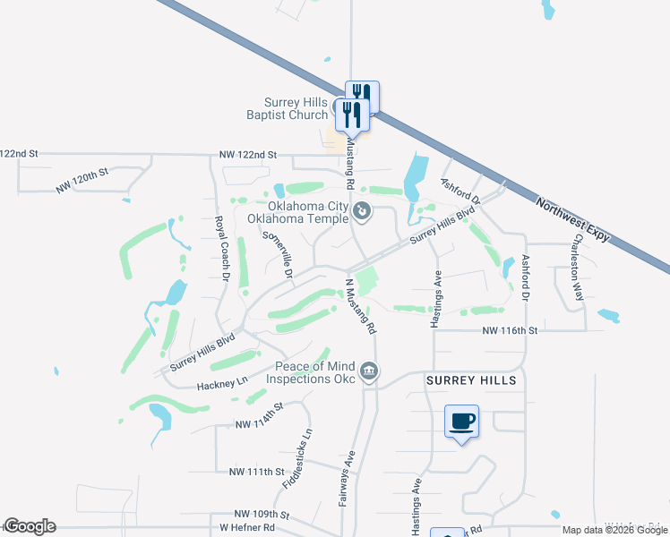 map of restaurants, bars, coffee shops, grocery stores, and more near Surrey Hills Boulevard in Oklahoma City