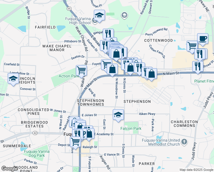 map of restaurants, bars, coffee shops, grocery stores, and more near 501 Faucette Street in Fuquay-Varina