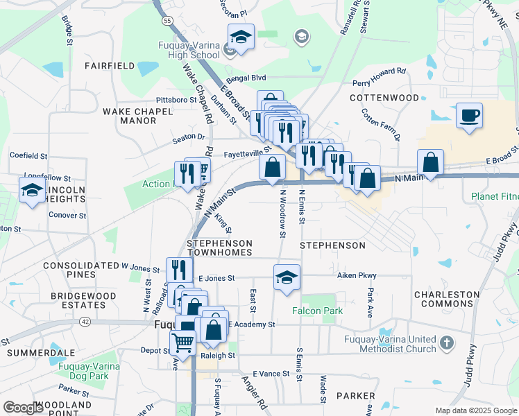 map of restaurants, bars, coffee shops, grocery stores, and more near 501 Faucette Street in Fuquay-Varina