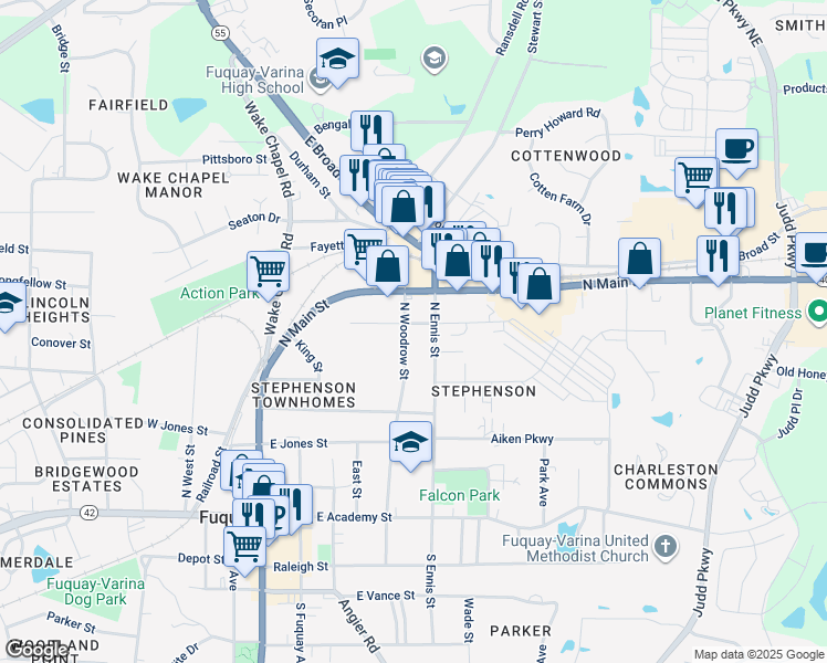 map of restaurants, bars, coffee shops, grocery stores, and more near 510 North Woodrow Street in Fuquay Varina