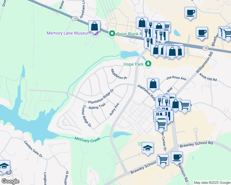 map of restaurants, bars, coffee shops, grocery stores, and more near 107 South Audubon Avenue in Mooresville