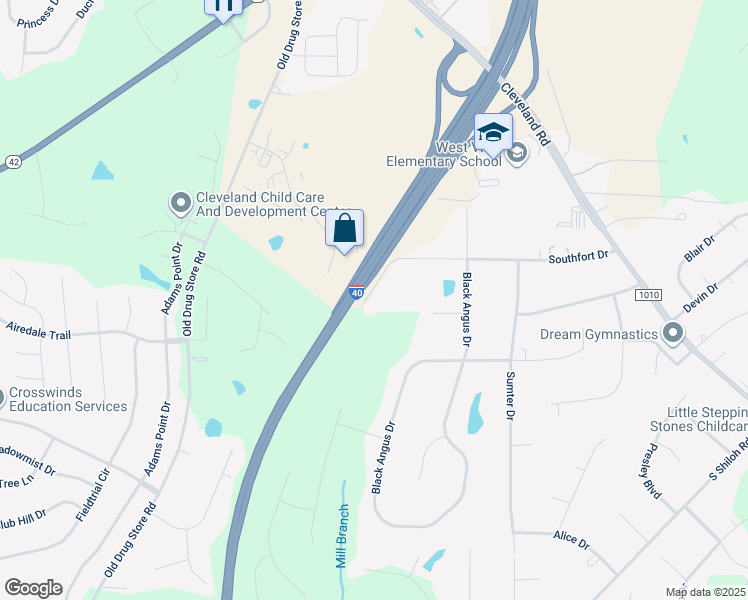 map of restaurants, bars, coffee shops, grocery stores, and more near 2357 Southfort Drive in Garner