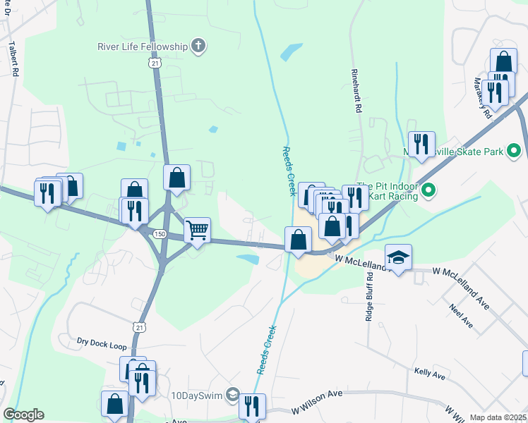 map of restaurants, bars, coffee shops, grocery stores, and more near 122 Loc Doc Place in Mooresville