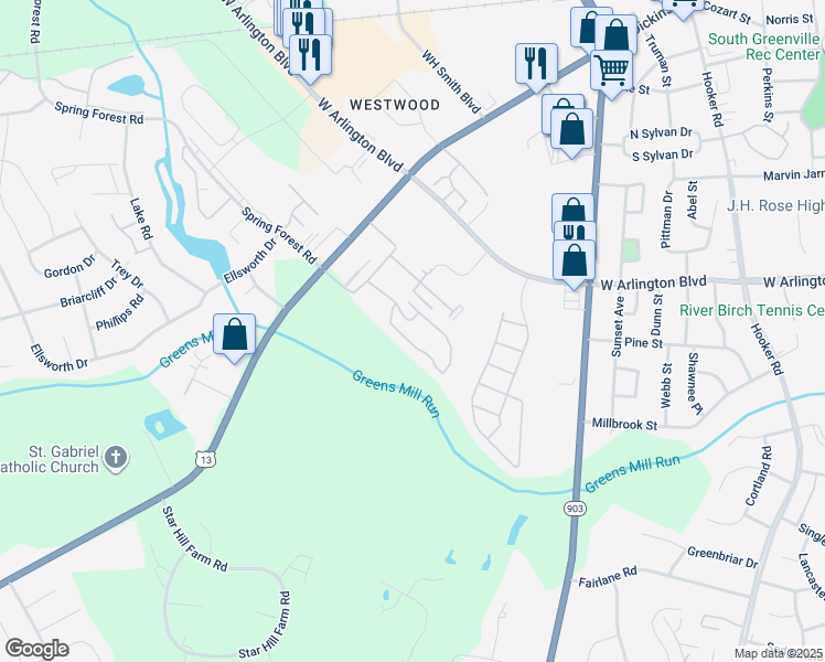 map of restaurants, bars, coffee shops, grocery stores, and more near 1212 Cross Creek Circle in Greenville