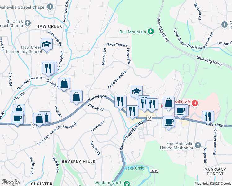 map of restaurants, bars, coffee shops, grocery stores, and more near 17 Campground Road in Asheville
