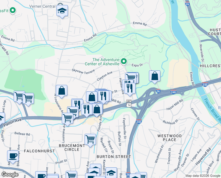 map of restaurants, bars, coffee shops, grocery stores, and more near 20 Townview Drive in Asheville