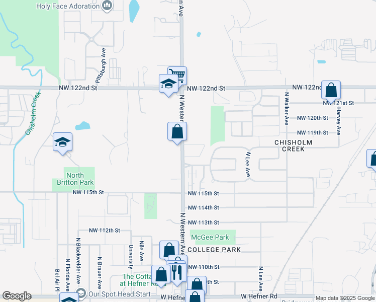 map of restaurants, bars, coffee shops, grocery stores, and more near 11901-11915 North Western Avenue in Oklahoma City