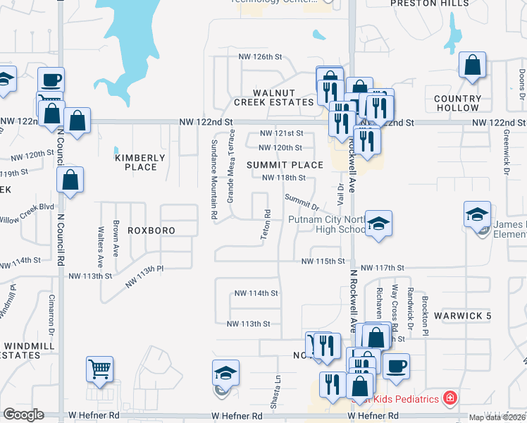map of restaurants, bars, coffee shops, grocery stores, and more near 11719 Teton Road in Oklahoma City