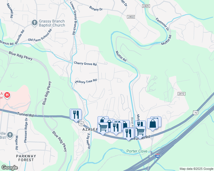 map of restaurants, bars, coffee shops, grocery stores, and more near 57 Hickory Tree Rd in Asheville