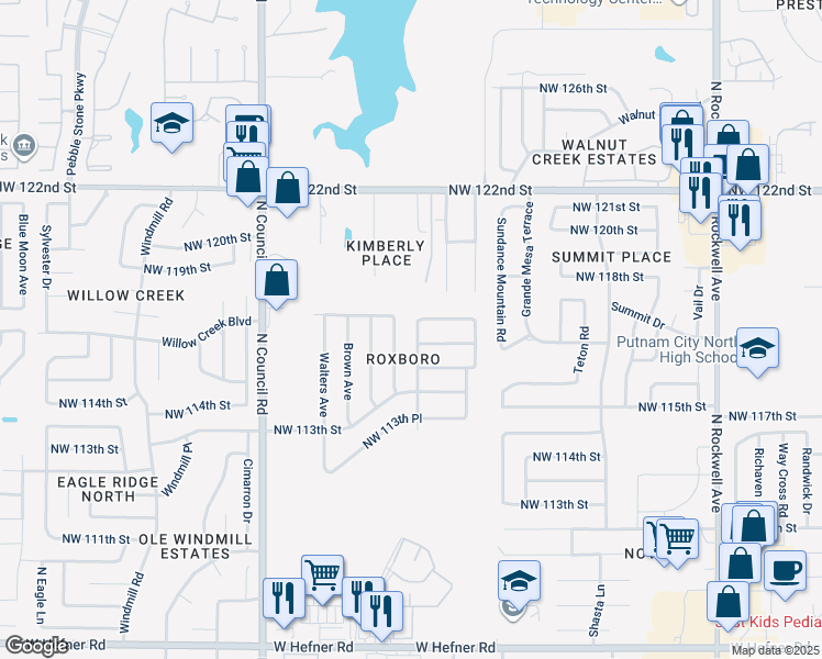 map of restaurants, bars, coffee shops, grocery stores, and more near 11609 Roxboro Avenue in Oklahoma City