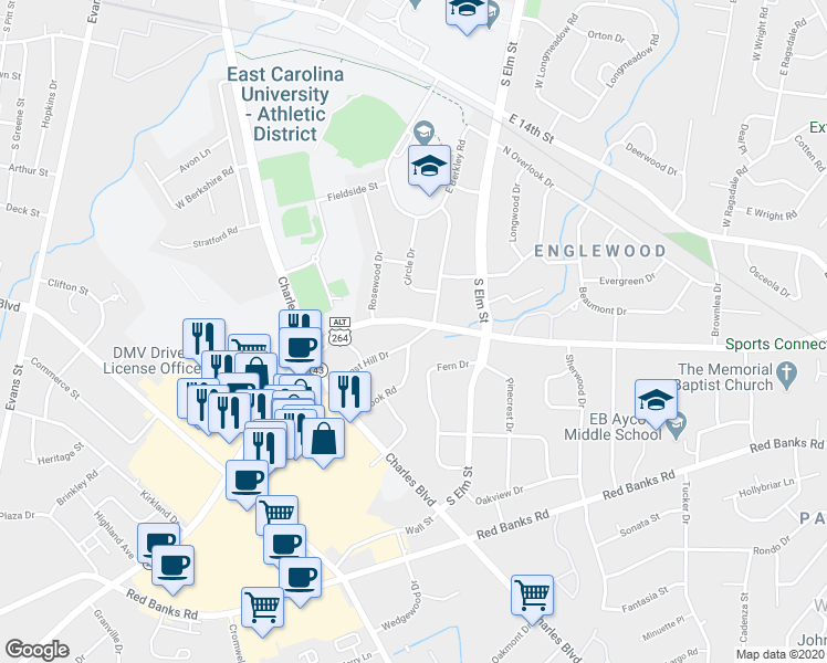 map of restaurants, bars, coffee shops, grocery stores, and more near 919 Greenville Boulevard Southeast in Greenville