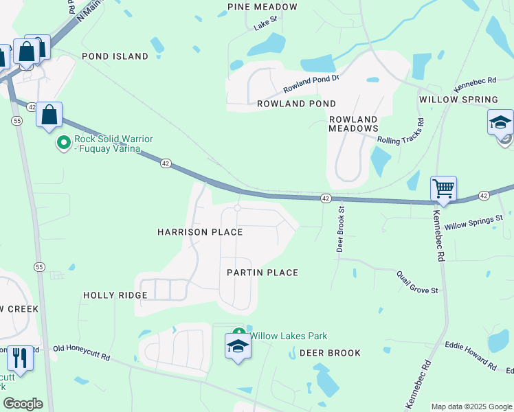 map of restaurants, bars, coffee shops, grocery stores, and more near 3319 Dover Wood Lane in Fuquay-Varina