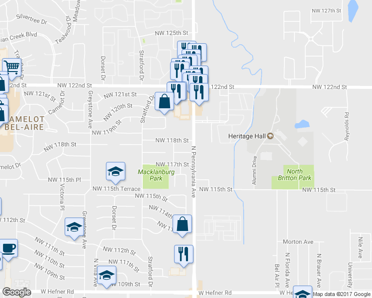 map of restaurants, bars, coffee shops, grocery stores, and more near 2113 Northwest 118th Terrace in Oklahoma City