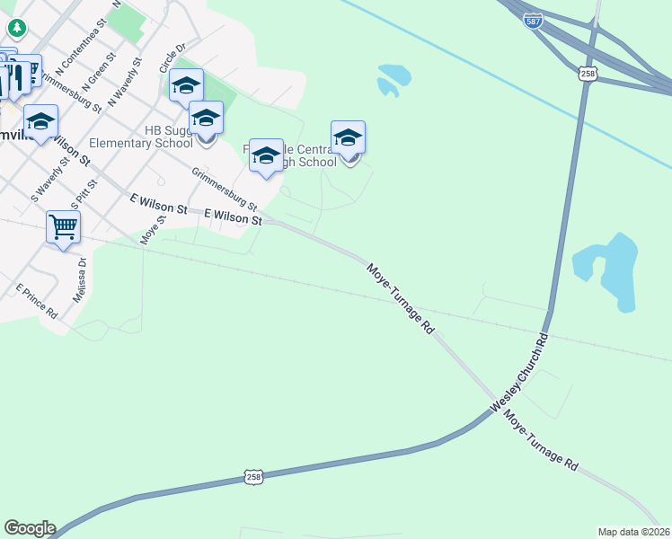 map of restaurants, bars, coffee shops, grocery stores, and more near 3278 Moye-Turnage Rd in Farmville
