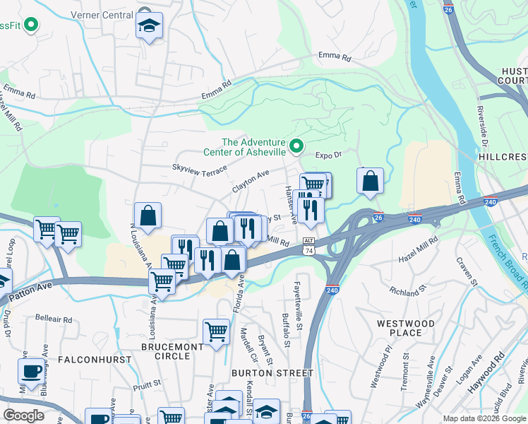 map of restaurants, bars, coffee shops, grocery stores, and more near 20 Townview Drive in Asheville