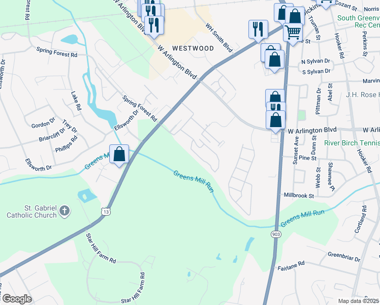 map of restaurants, bars, coffee shops, grocery stores, and more near Cross Creek Circle in Greenville