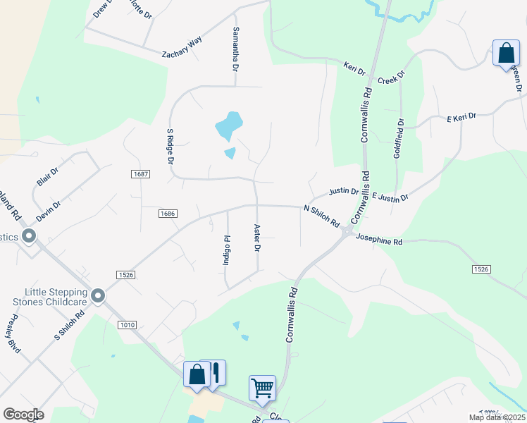 map of restaurants, bars, coffee shops, grocery stores, and more near 101 Aster Drive in Garner