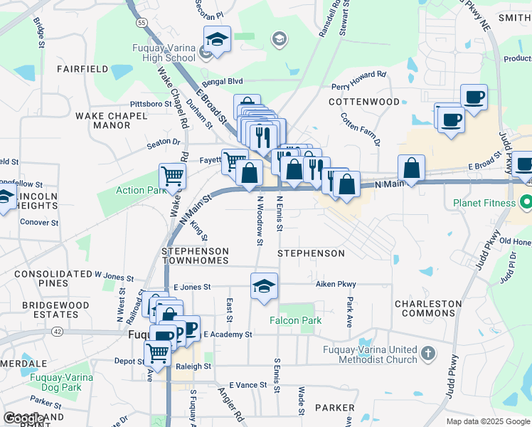 map of restaurants, bars, coffee shops, grocery stores, and more near 510 North Woodrow Street in Fuquay Varina