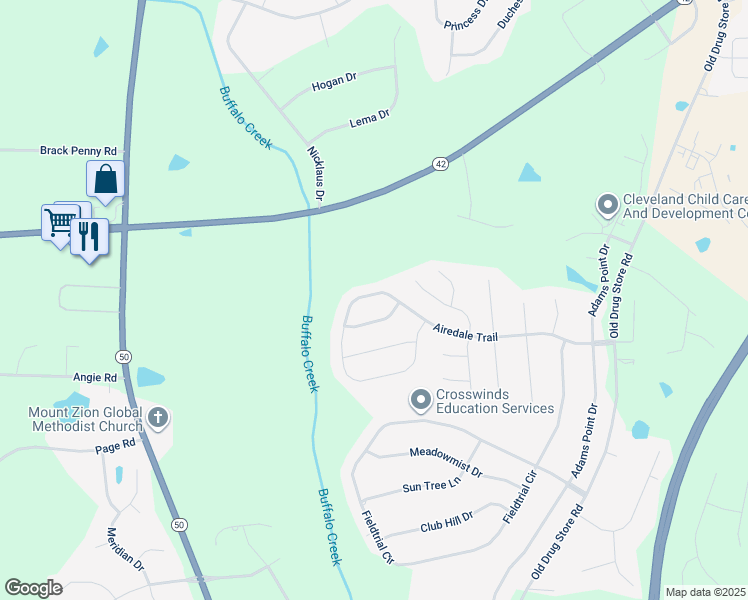 map of restaurants, bars, coffee shops, grocery stores, and more near 595 Airedale Trail in Garner