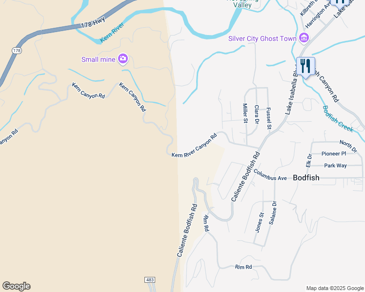 map of restaurants, bars, coffee shops, grocery stores, and more near 2835 Kern River Canyon Road in Bodfish