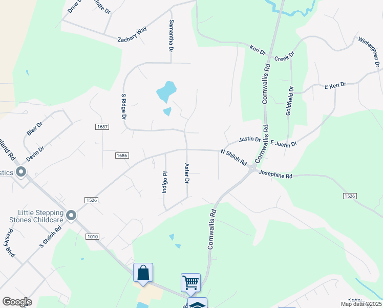 map of restaurants, bars, coffee shops, grocery stores, and more near 101 Aster Drive in Garner