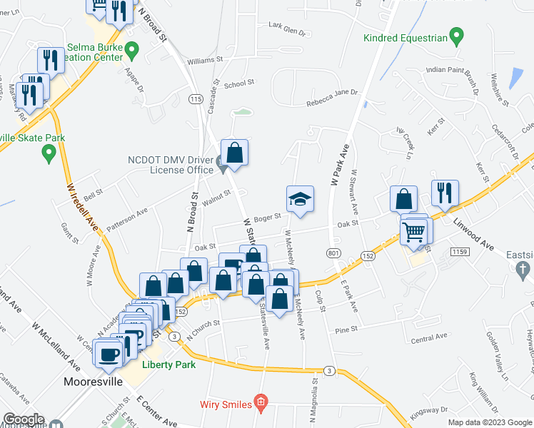 map of restaurants, bars, coffee shops, grocery stores, and more near 632 Boger Street in Mooresville