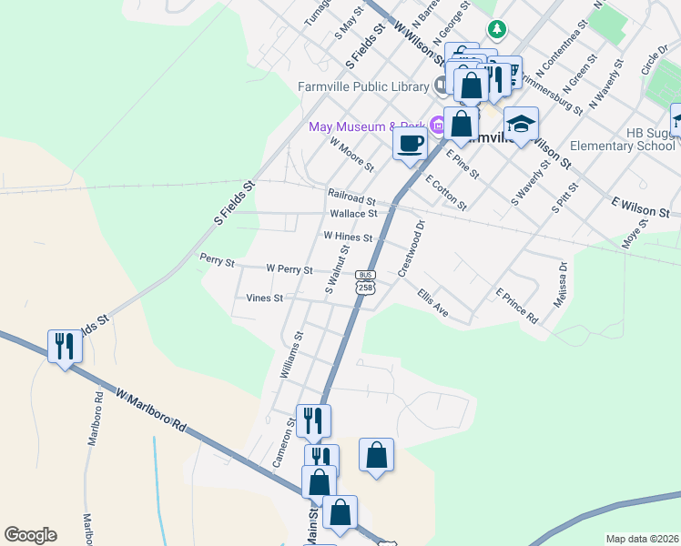 map of restaurants, bars, coffee shops, grocery stores, and more near 4360 W Perry St in Farmville