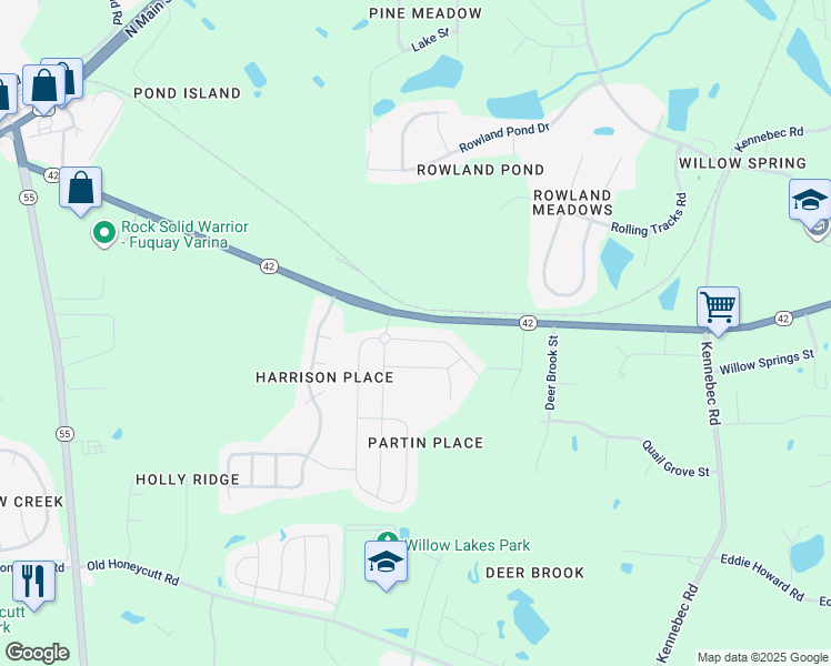 map of restaurants, bars, coffee shops, grocery stores, and more near 3319 Dover Wood Lane in Fuquay-Varina