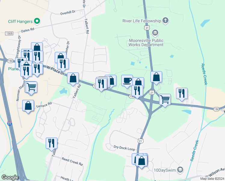 map of restaurants, bars, coffee shops, grocery stores, and more near 152 North Carolina 150 in Mooresville