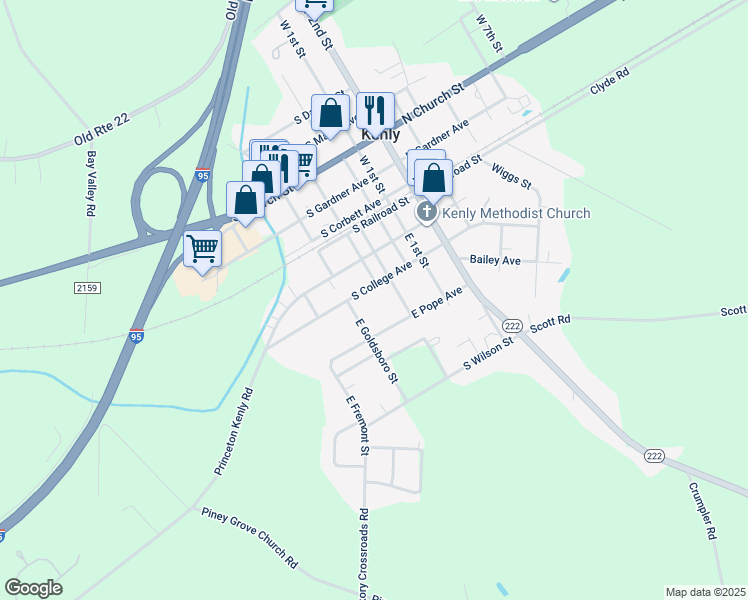 map of restaurants, bars, coffee shops, grocery stores, and more near 300 South College Avenue in Kenly