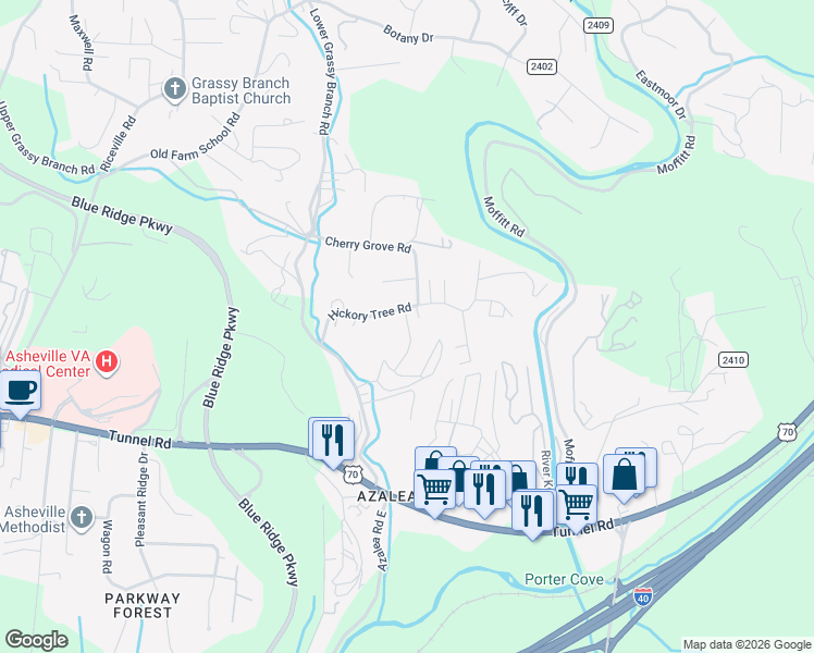 map of restaurants, bars, coffee shops, grocery stores, and more near 45 Shenandoah Road in Asheville
