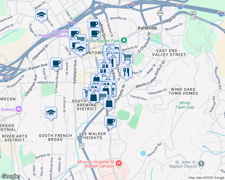 map of restaurants, bars, coffee shops, grocery stores, and more near 130 U.S. 25 in Asheville